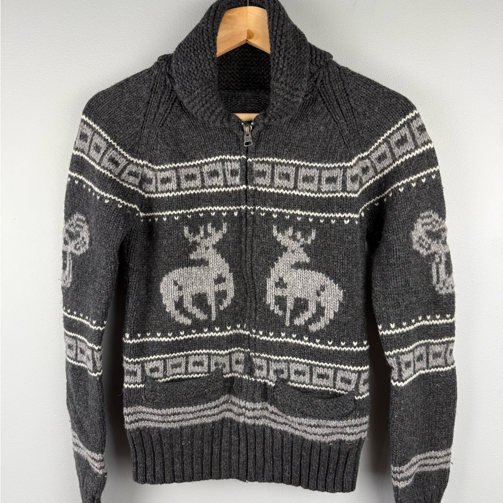 TNA Charcoal Zip-Up Lambswool Sweater with Deer Motif